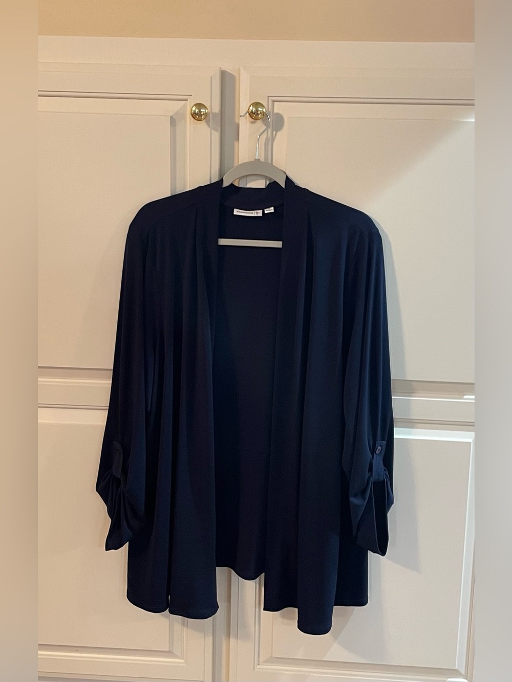 Susan Graver Liquid Knit Open Front Roll Tab Sleeve Topper 3X Dark Navy